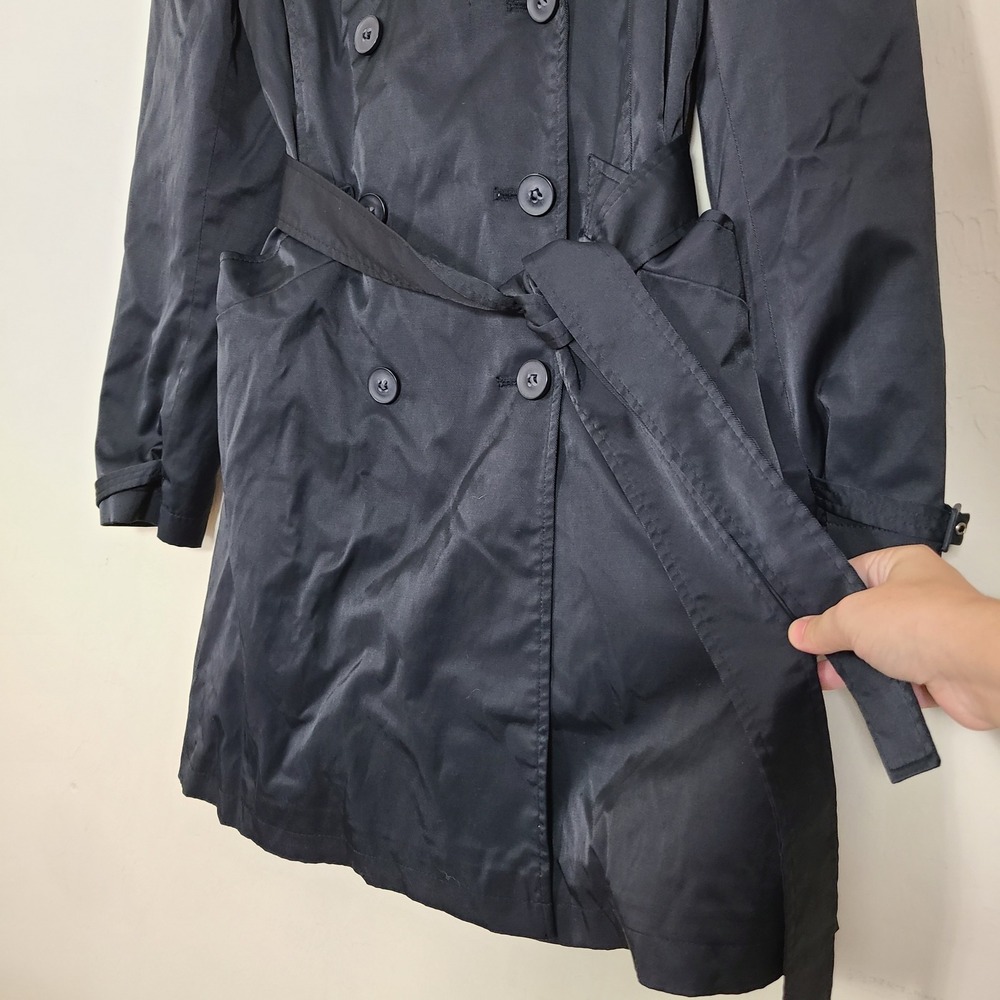 DKNY Black Trench Rain Coat S Lined Belted Pleated Casual Streetwear Fleur Noire - Picture 4 of 15